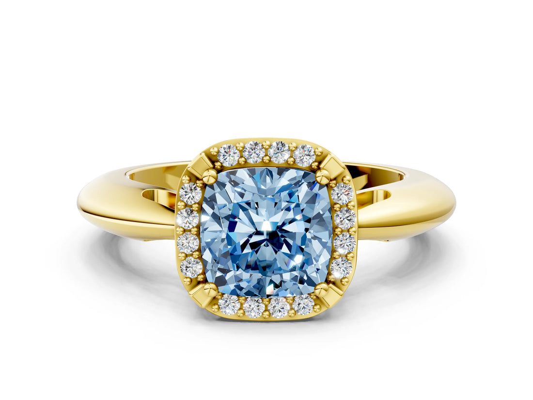 Yellow gold Fancy Blue Cushion  Cut Diamond Halo Engagement Ring with Split Shank and Four-Prong Setting_89