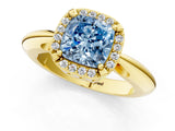 Yellow gold Fancy Blue Cushion  Cut Diamond Halo Engagement Ring with Split Shank and Four-Prong Setting_90