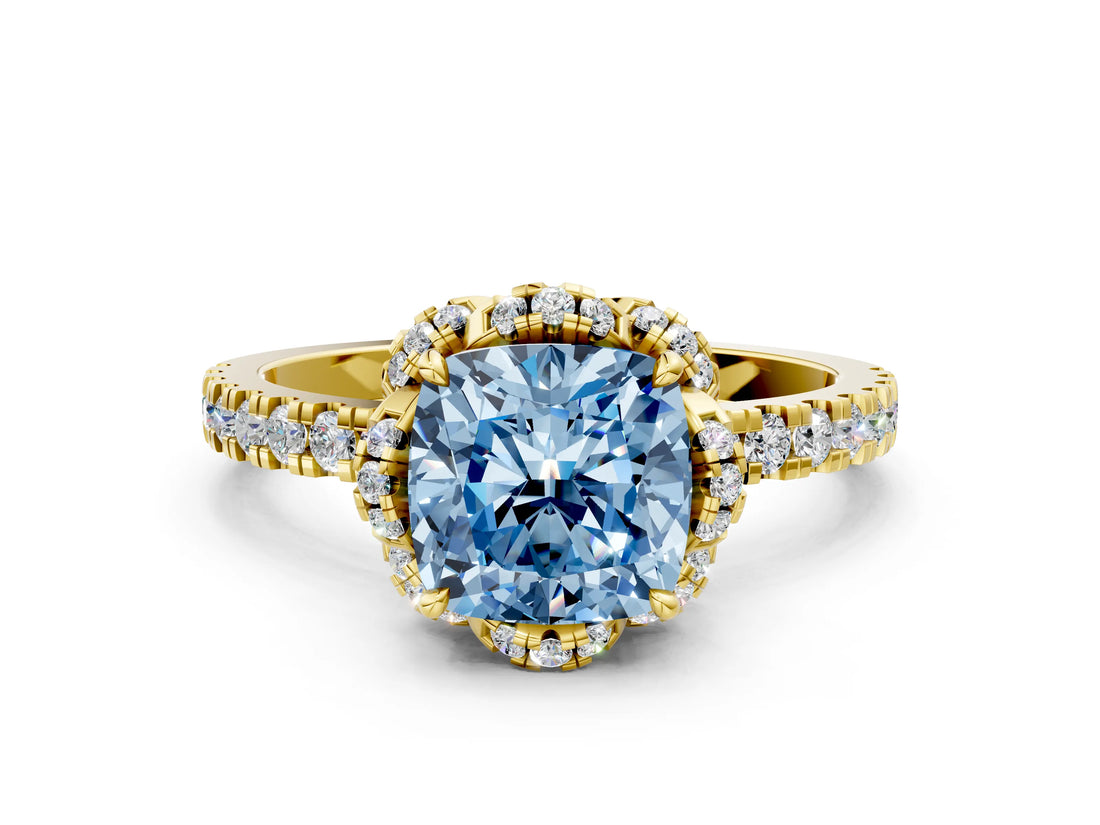 Yellow gold Fancy Blue Cushion Cut Diamond Halo Pave Band with Four-Prong Setting_3