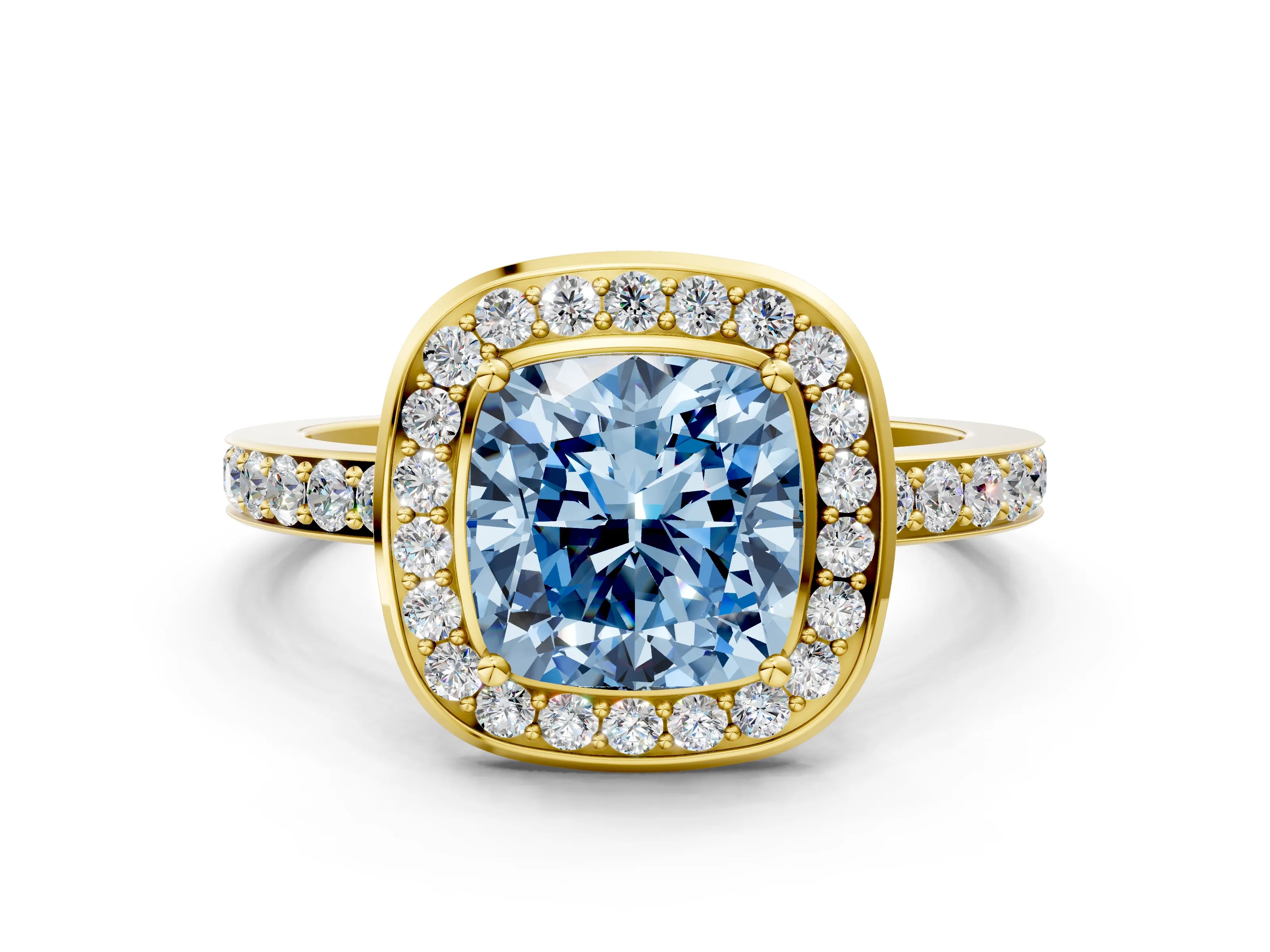 Yellow gold Fancy Blue Cushion Cut Diamond Halo Ring with Bezel Frame and Pavé Band