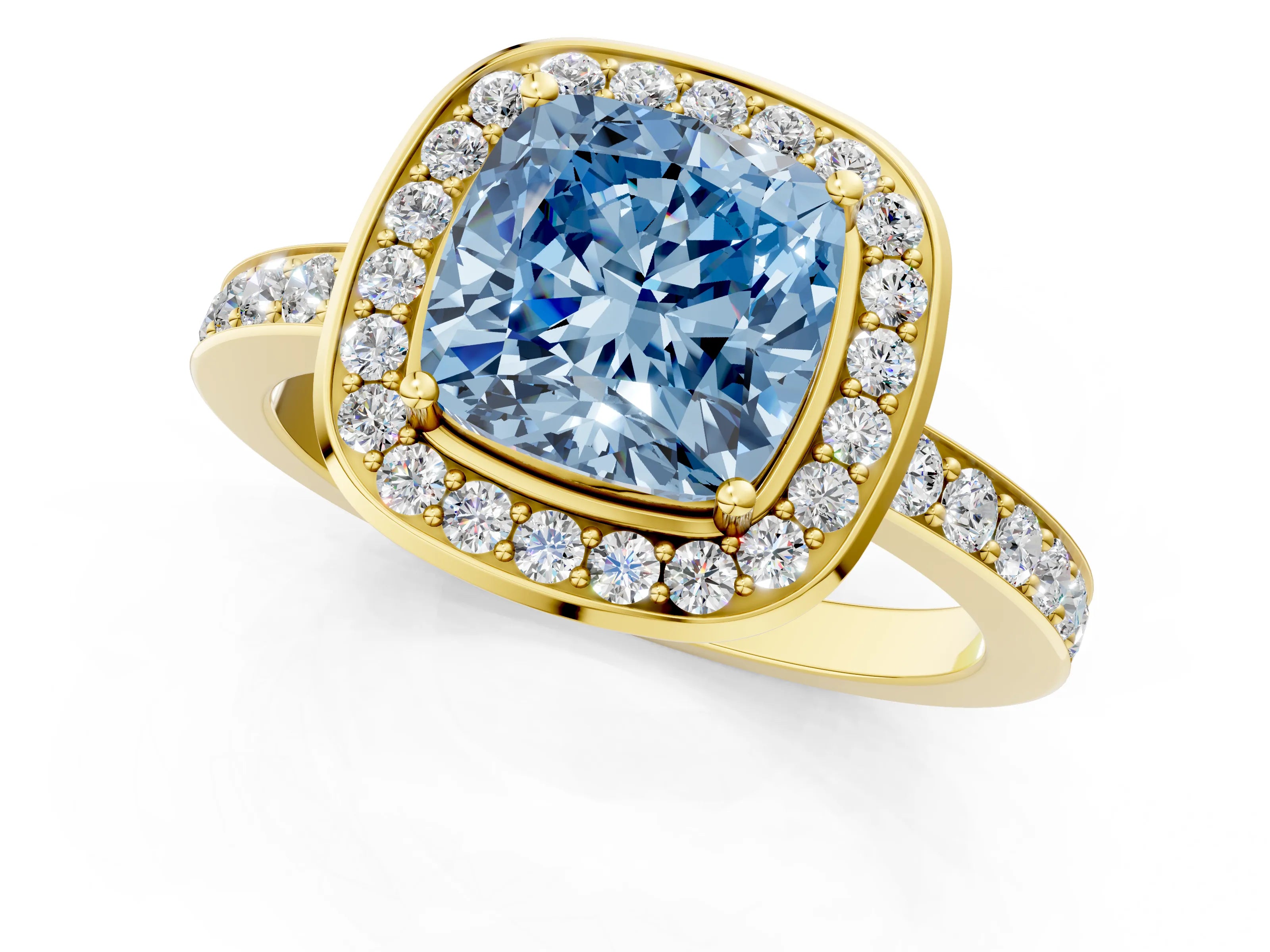 Yellow gold Fancy Blue Cushion Cut Diamond Halo Ring with Bezel Frame and Pavé Band_1