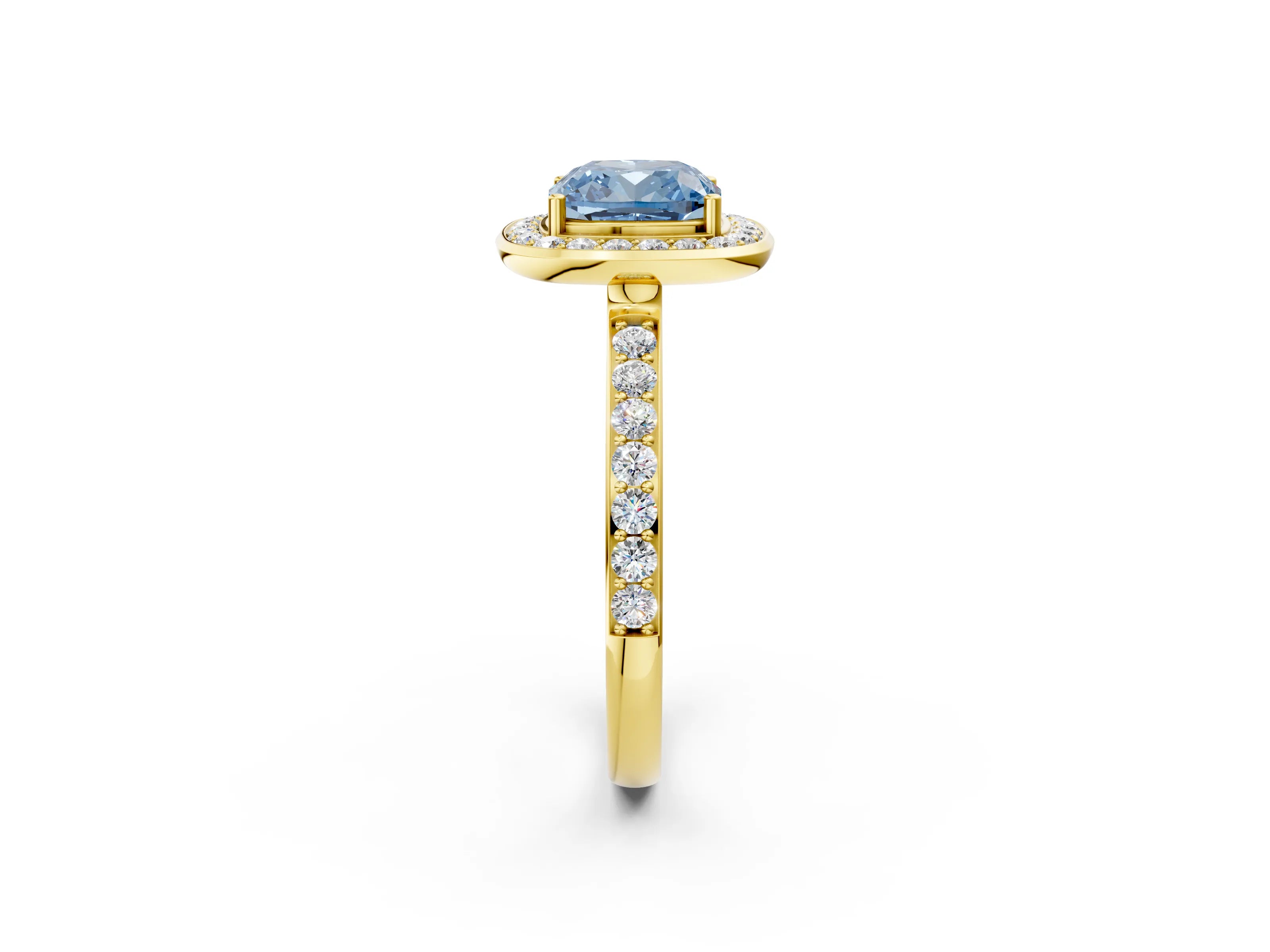 Yellow gold Fancy Blue Cushion Cut Diamond Halo Ring with Bezel Frame and Pavé Band_2