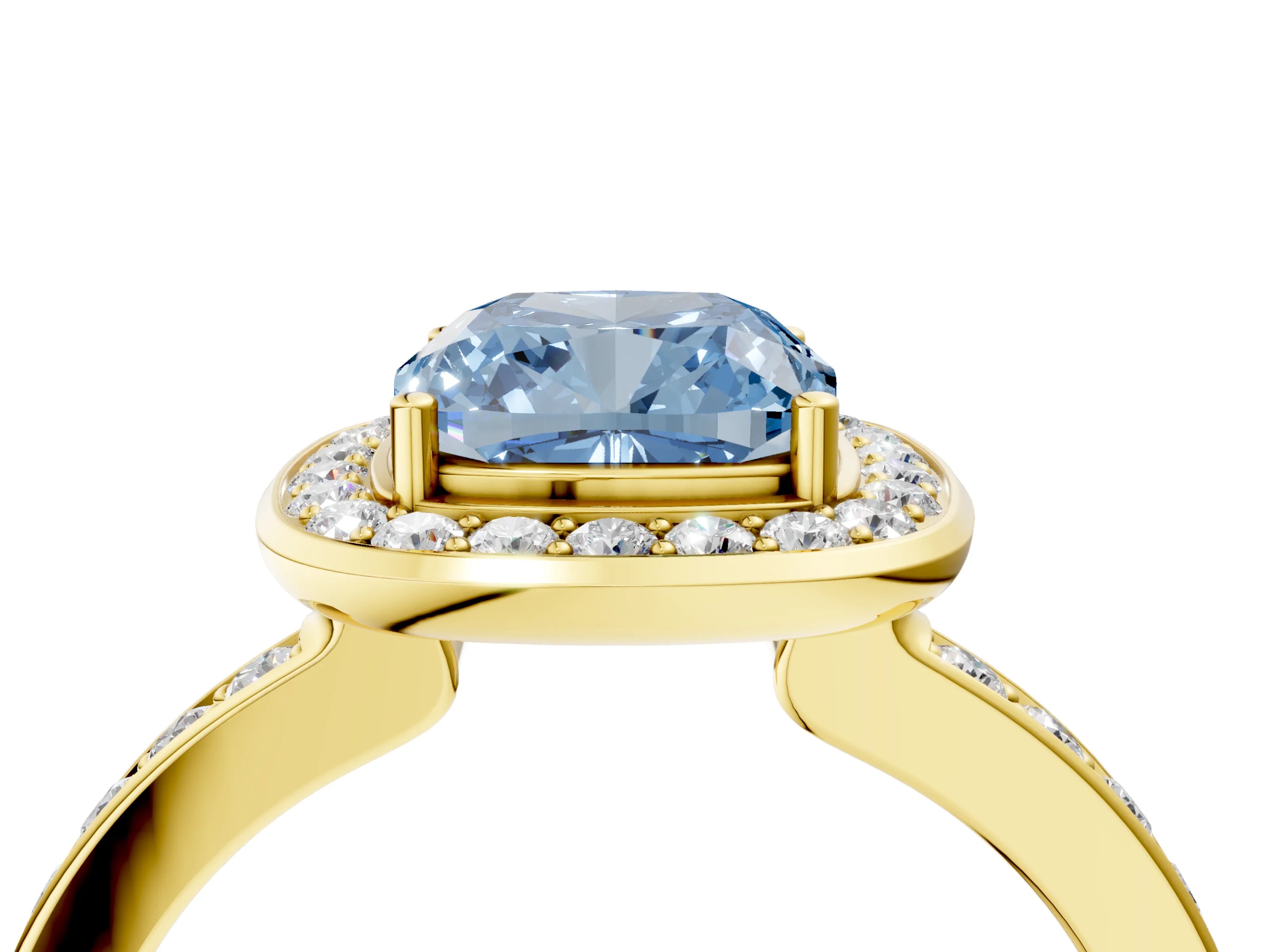 Yellow gold Fancy Blue Cushion Cut Diamond Halo Ring with Bezel Frame and Pavé Band_4