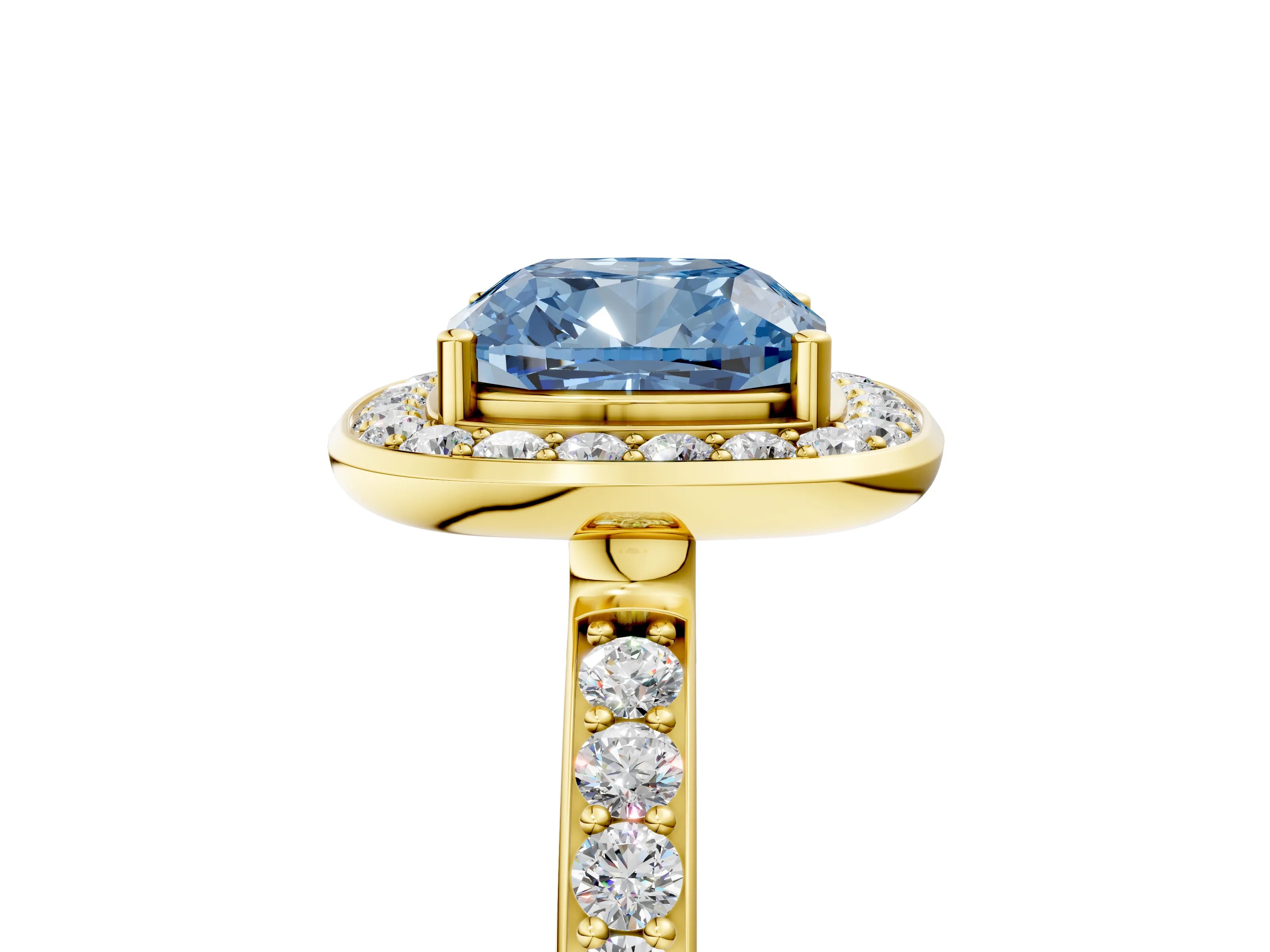 Yellow gold Fancy Blue Cushion Cut Diamond Halo Ring with Bezel Frame and Pavé Band_5