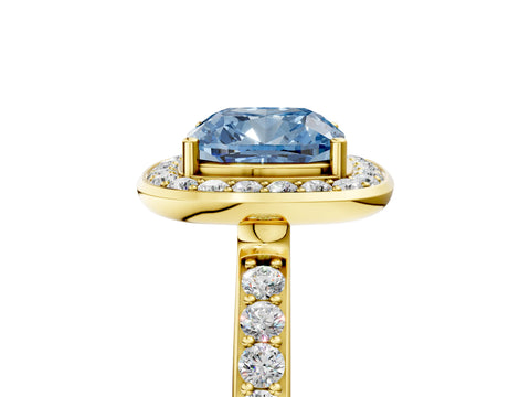 Yellow gold Fancy Blue Cushion Cut Diamond Halo Ring with Bezel Frame and Pavé Band_5