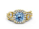 Yellow gold Fancy Blue Cushion Cut Diamond Halo Ring with Milgrain Pavé Band and Four-Prong Setting_54