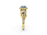 Yellow gold Fancy Blue Cushion Cut Diamond Halo Ring with Milgrain Pavé Band and Four-Prong Setting_56
