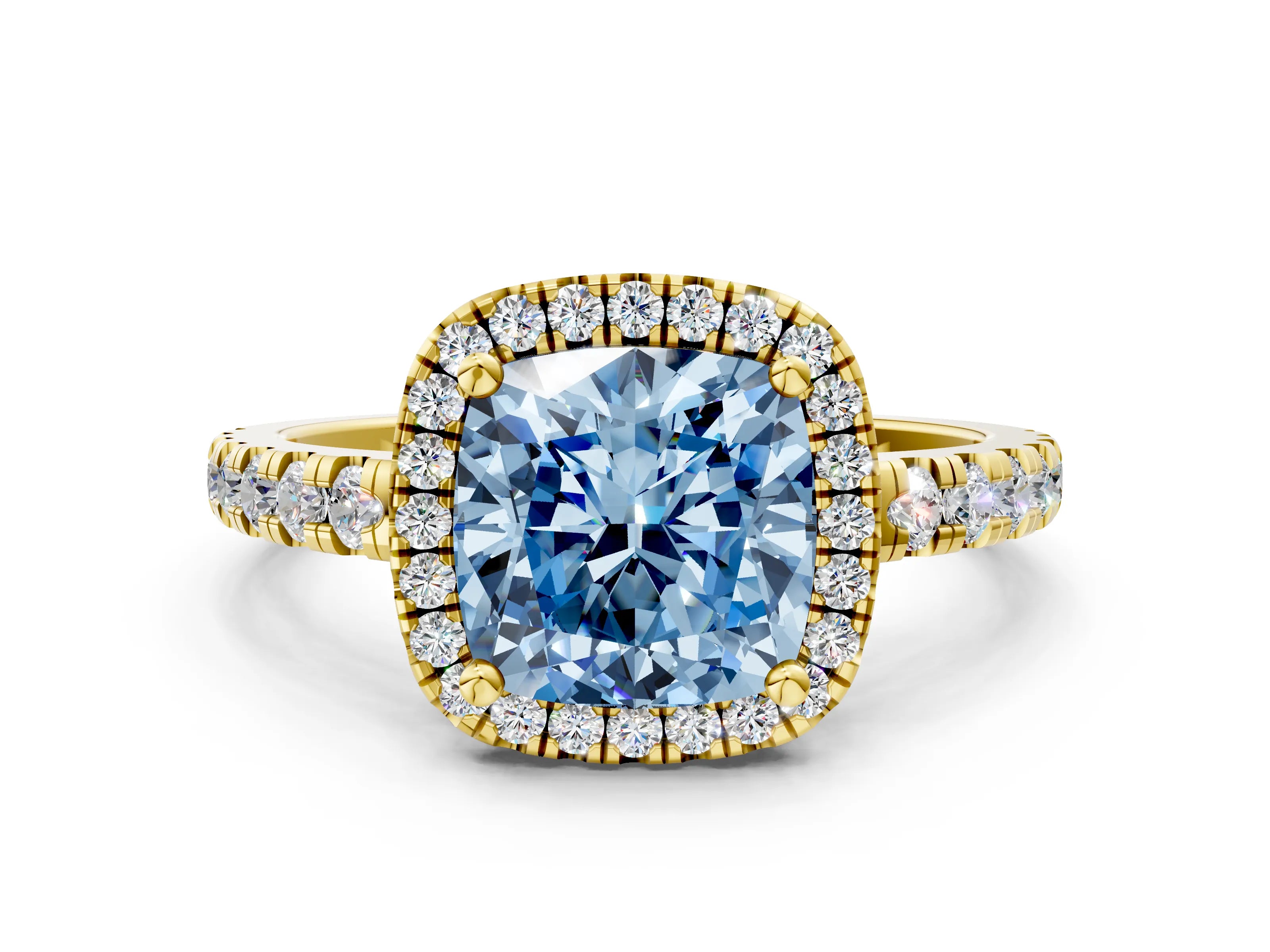 Yellow gold Fancy Blue Cushion Cut Diamond Halo Ring with Pavé Band and Four-Prong Setting