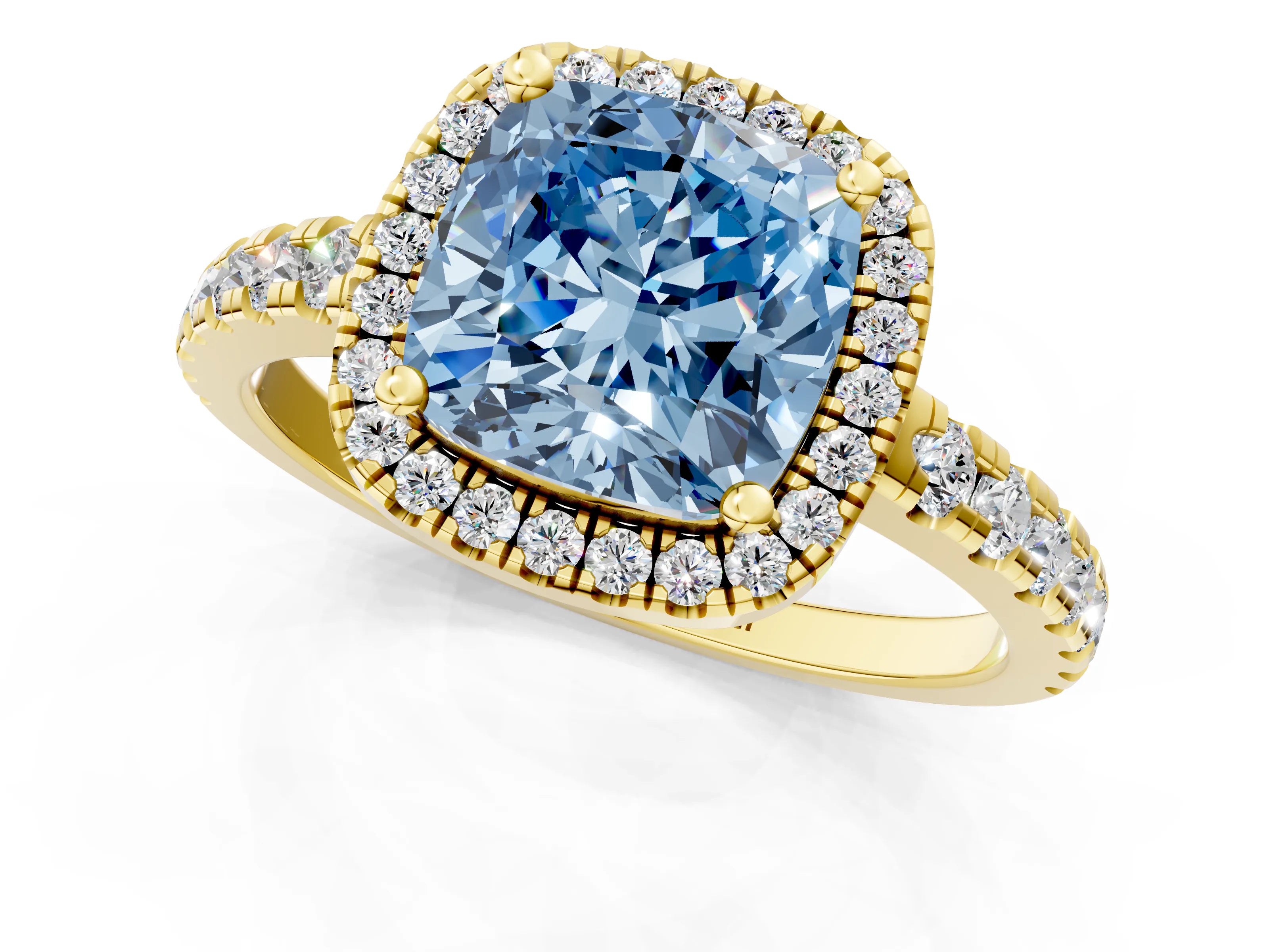 Yellow gold Fancy Blue Cushion Cut Diamond Halo Ring with Pavé Band and Four-Prong Setting_1