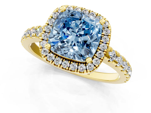 Yellow gold Fancy Blue Cushion Cut Diamond Halo Ring with Pavé Band and Four-Prong Setting_1