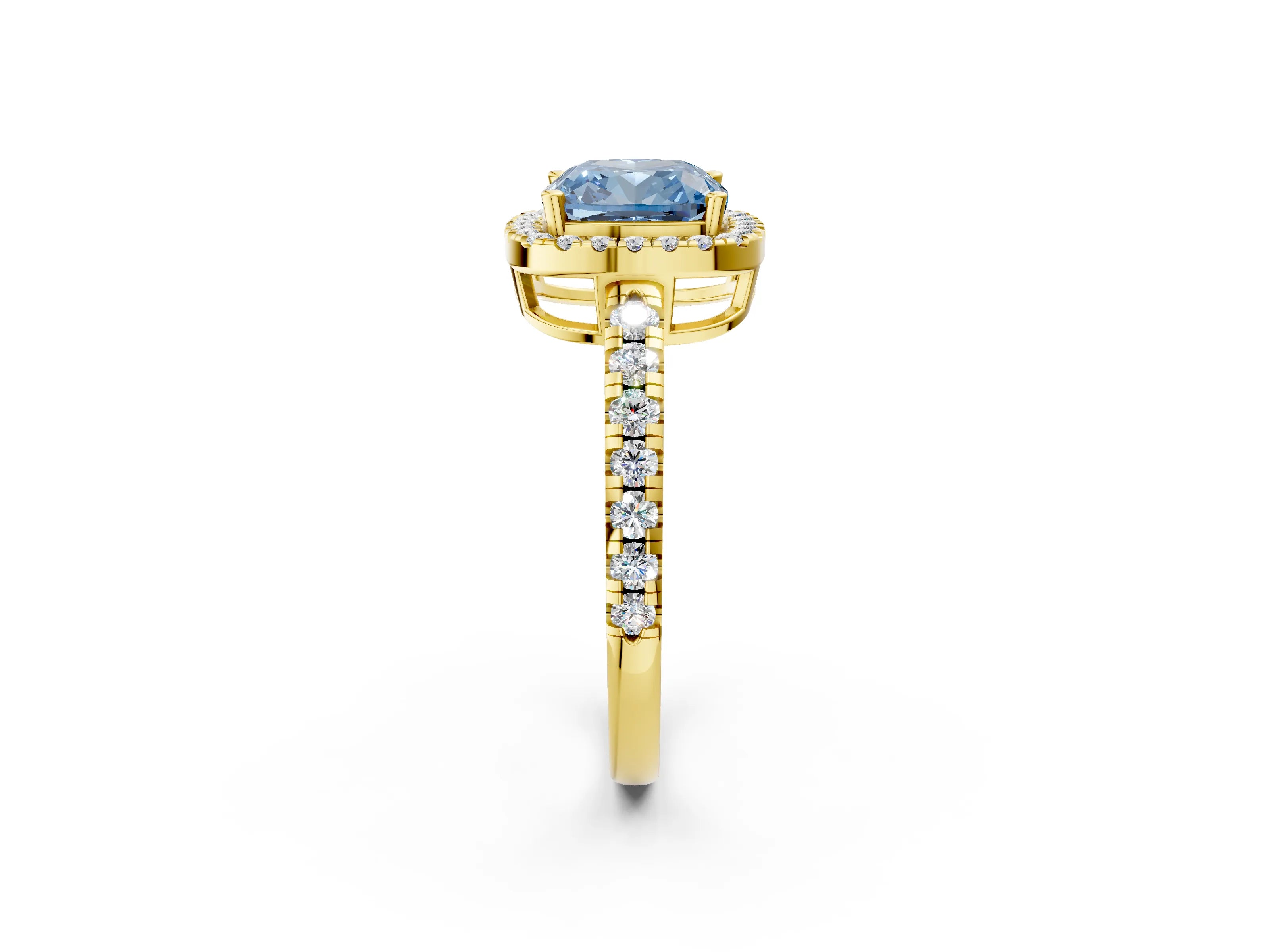 Yellow gold Fancy Blue Cushion Cut Diamond Halo Ring with Pavé Band and Four-Prong Setting_2