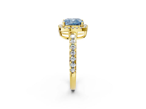 Yellow gold Fancy Blue Cushion Cut Diamond Halo Ring with Pavé Band and Four-Prong Setting_2