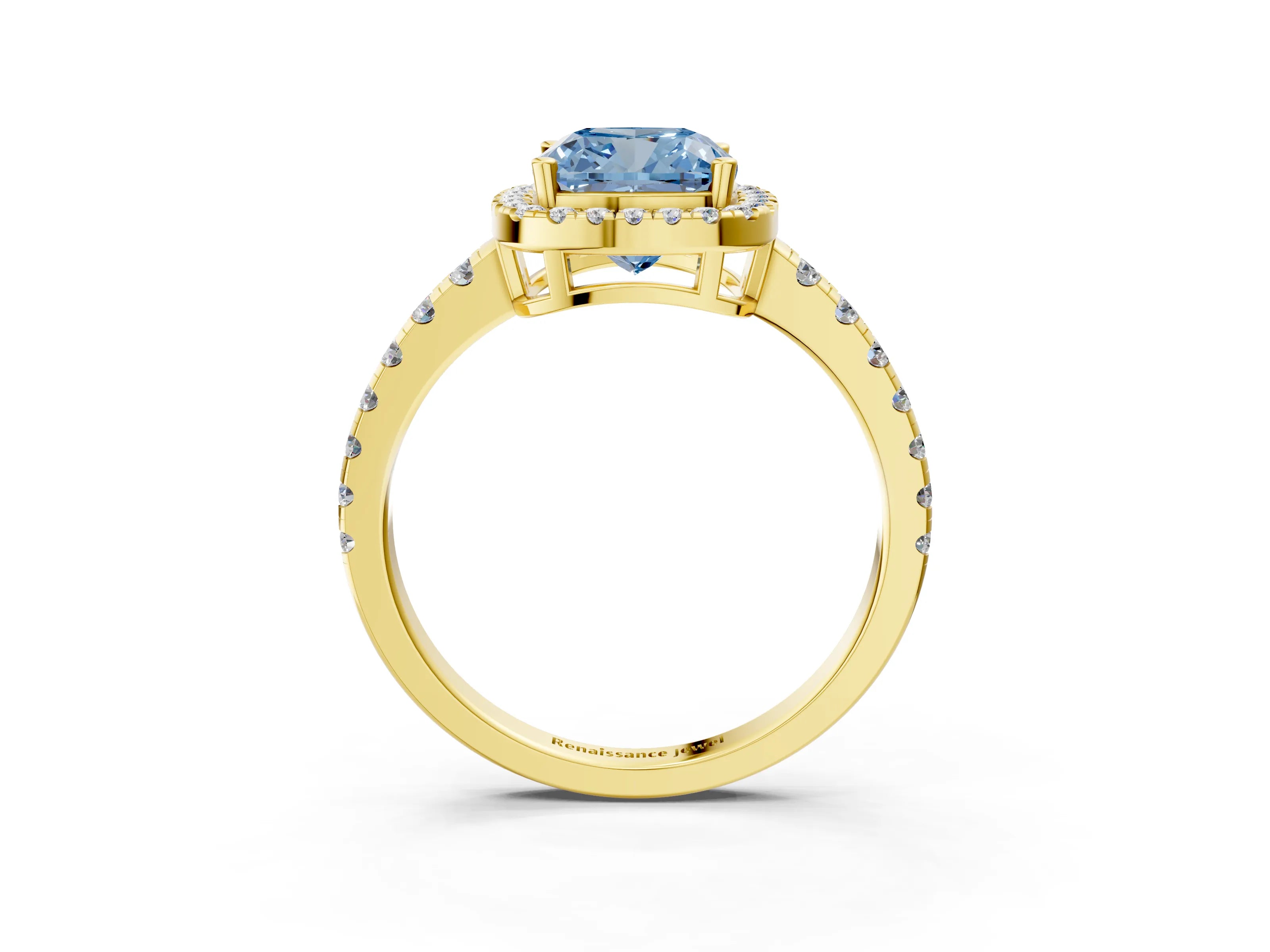 Yellow gold Fancy Blue Cushion Cut Diamond Halo Ring with Pavé Band and Four-Prong Setting_3