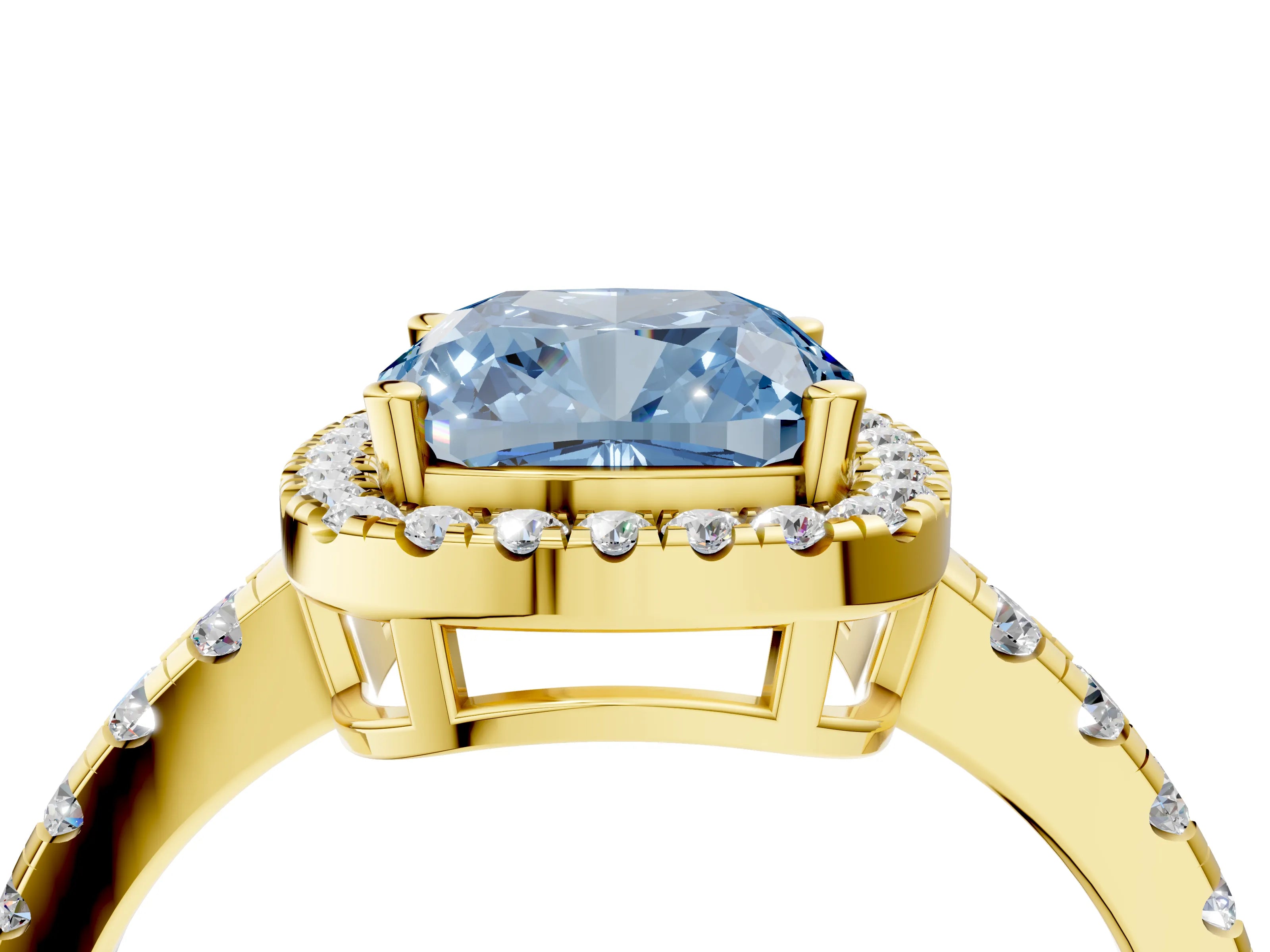 Yellow gold Fancy Blue Cushion Cut Diamond Halo Ring with Pavé Band and Four-Prong Setting_4