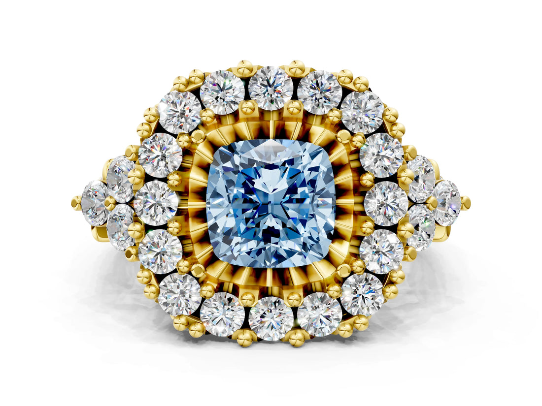 Yellow gold Fancy Blue Cushion Cut Diamond Halo Ring with Pavé Band and Four-Prong Setting_41