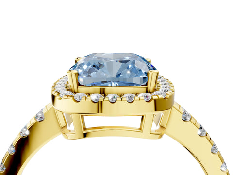 Yellow gold Fancy Blue Cushion Cut Diamond Halo Ring with Pavé Band and Four-Prong Setting_4