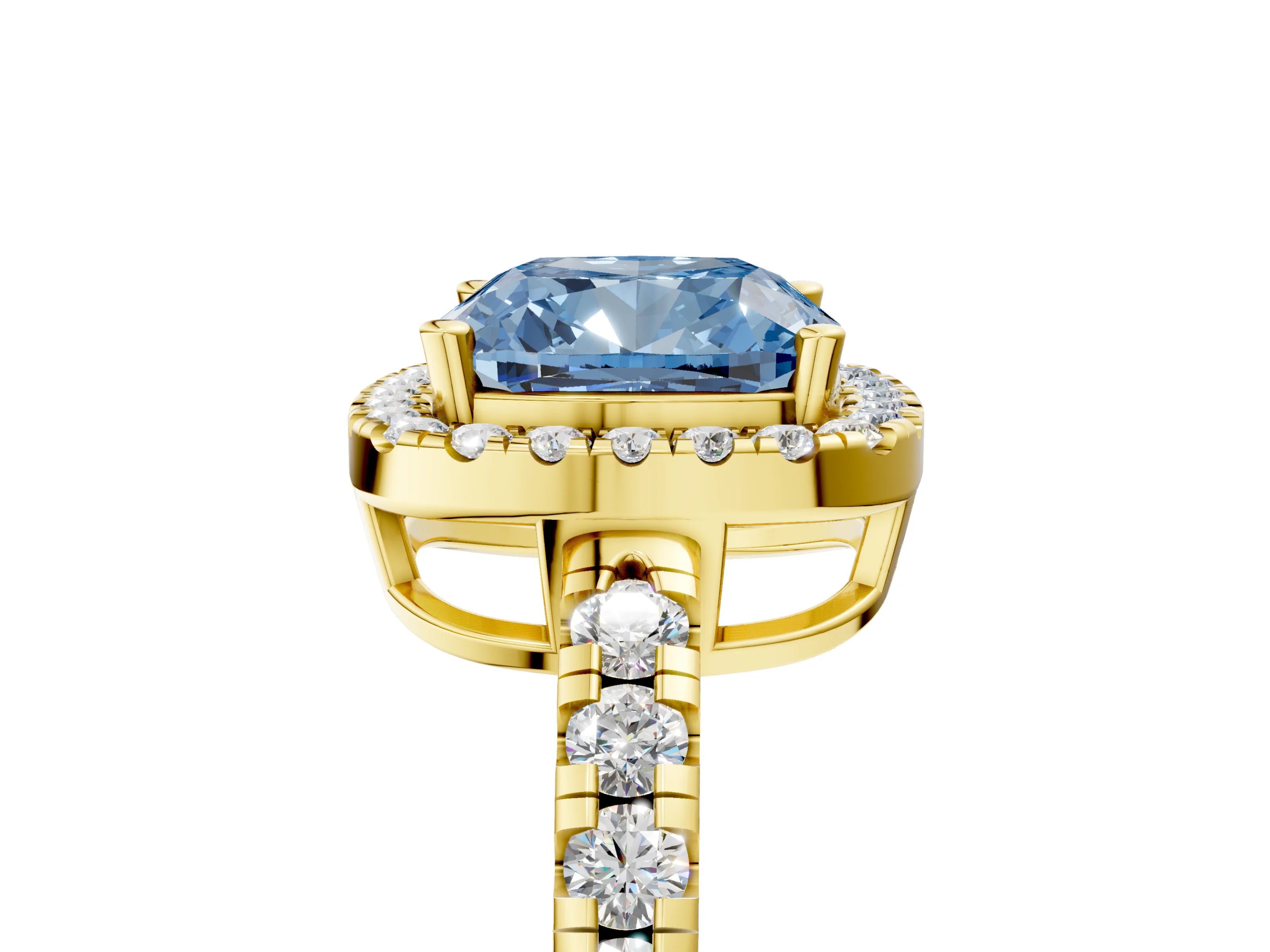 Yellow gold Fancy Blue Cushion Cut Diamond Halo Ring with Pavé Band and Four-Prong Setting_5