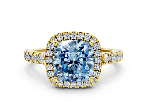 Yellow gold Fancy Blue Cushion Cut Diamond Halo Ring with Pavé Band and Four-Prong Setting
