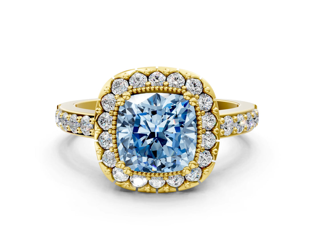 Yellow gold Fancy Blue Cushion Cut Diamond Halo Ring with Pavé Band and Prong Setting