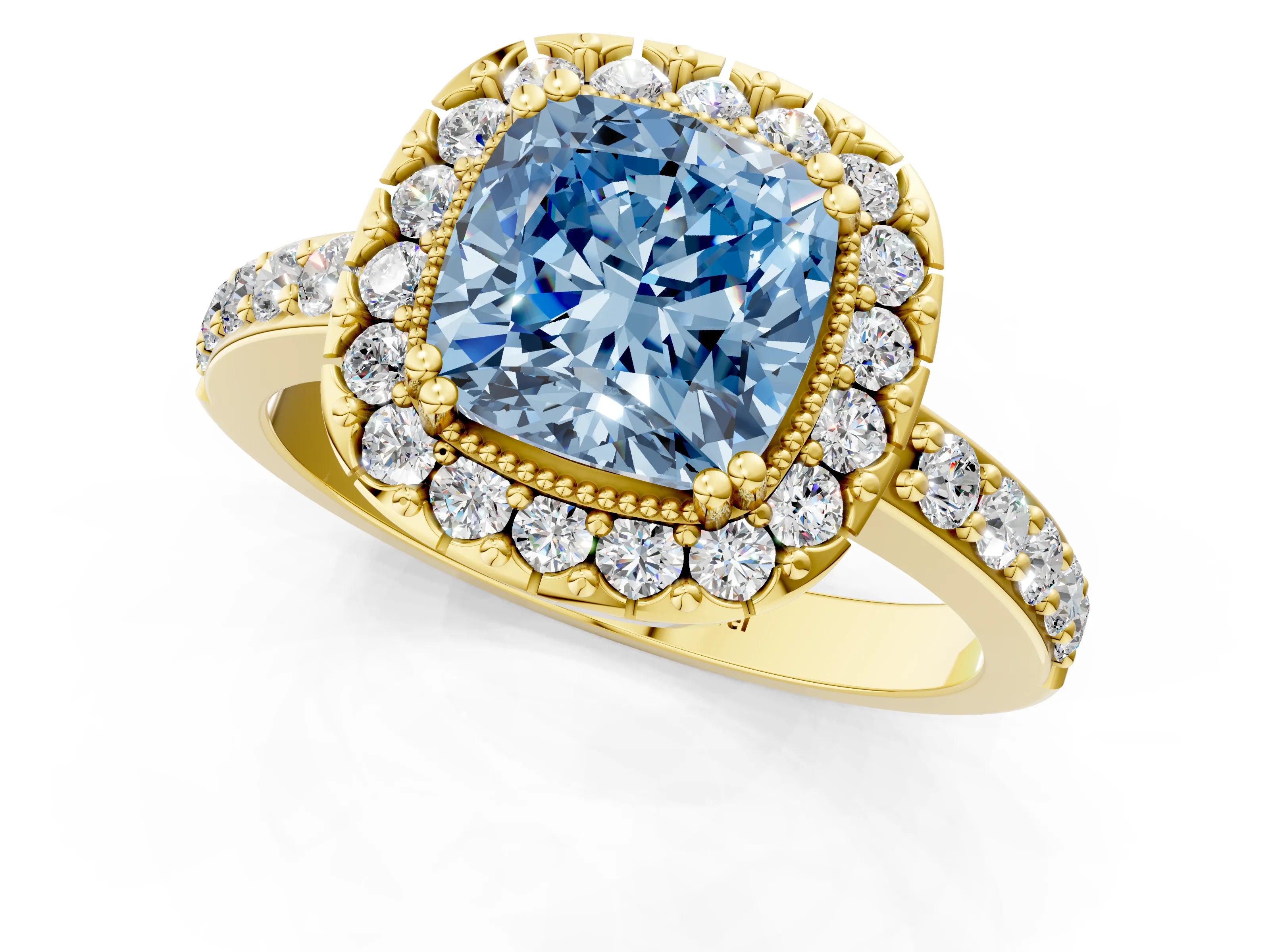 Yellow gold Fancy Blue Cushion Cut Diamond Halo Ring with Pavé Band and Prong Setting_1