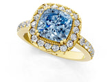 Yellow gold Fancy Blue Cushion Cut Diamond Halo Ring with Pavé Band and Prong Setting_1