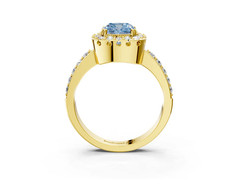 Yellow gold Fancy Blue Cushion Cut Diamond Halo Ring with Pavé Band and Prong Setting_3