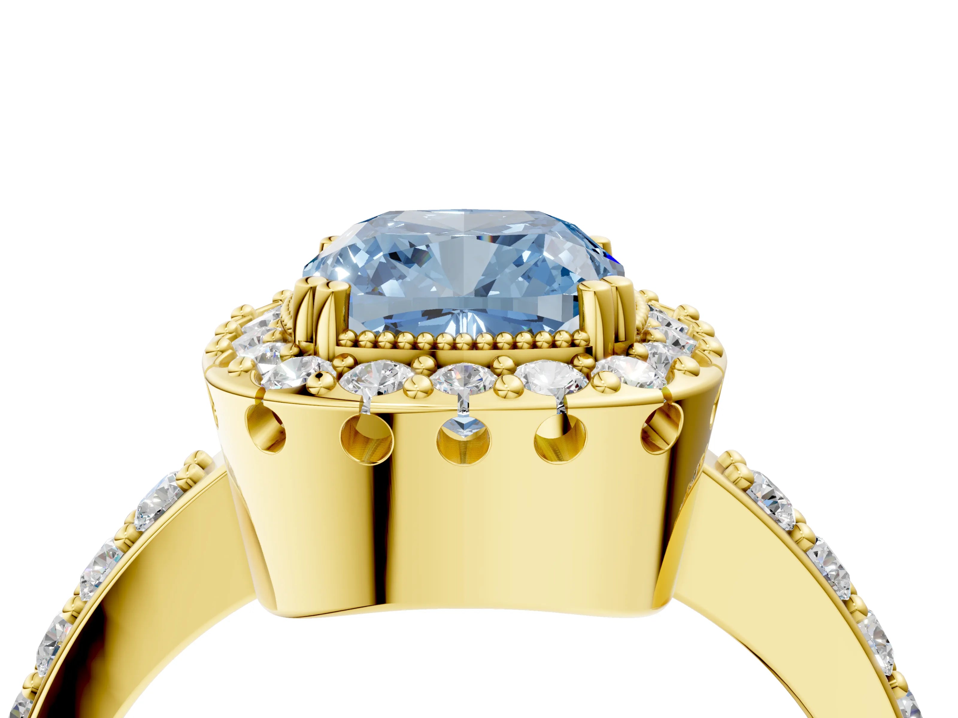 Yellow gold Fancy Blue Cushion Cut Diamond Halo Ring with Pavé Band and Prong Setting_4