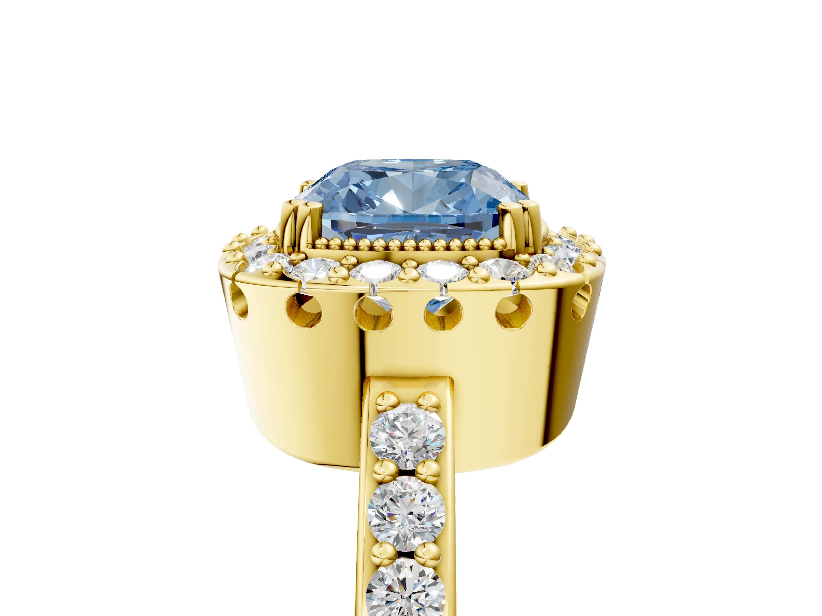 Yellow gold Fancy Blue Cushion Cut Diamond Halo Ring with Pavé Band and Prong Setting_5