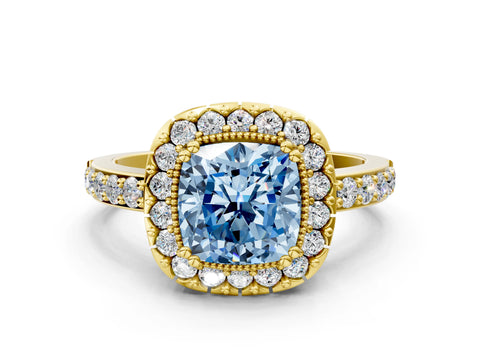Yellow gold Fancy Blue Cushion Cut Diamond Halo Ring with Pavé Band and Prong Setting