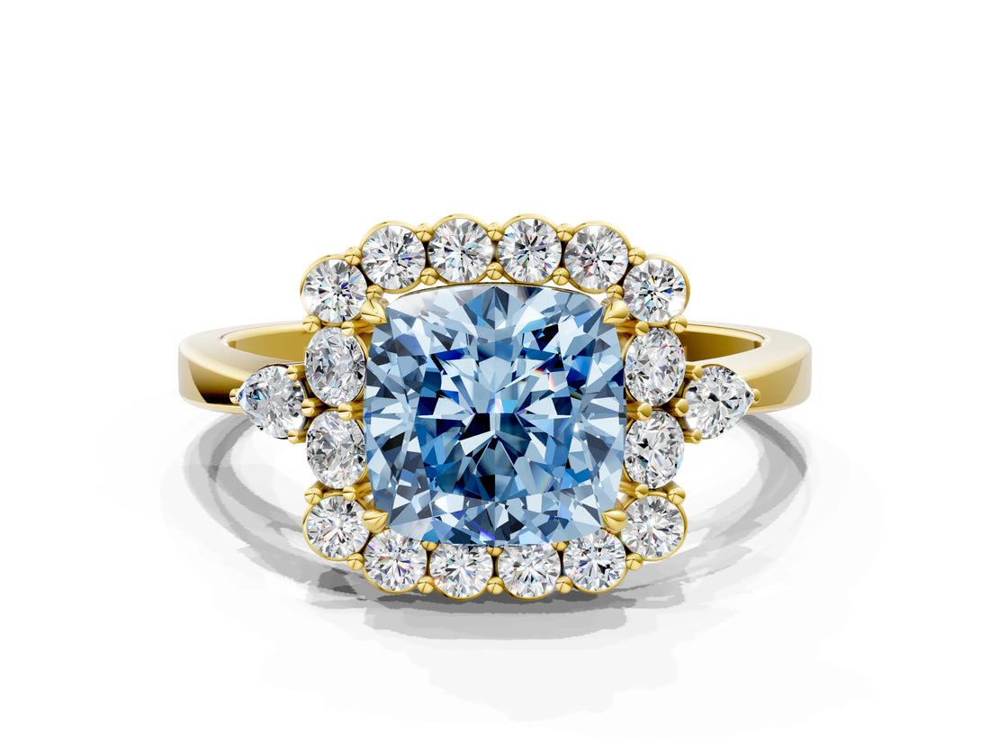 Yellow gold Fancy Blue Cushion Cut Diamond Halo Ring with Pear Side Stones and Prong Setting_48