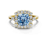 Yellow gold Fancy Blue Cushion Cut Diamond Halo Ring with Pear Side Stones and Prong Setting_48