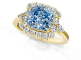 Yellow gold Fancy Blue Cushion Cut Diamond Halo Ring with Pear Side Stones and Prong Setting_49