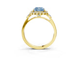 Yellow gold Fancy Blue Cushion Cut Diamond Halo Ring with Pear Side Stones and Prong Setting_51