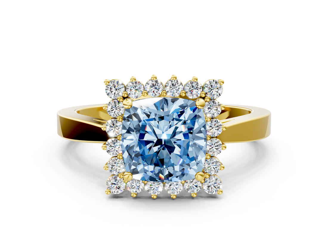 Yellow gold Fancy Blue Cushion  Cut Diamond Halo Ring with Round Brilliant Halo and Solitaire Band_88