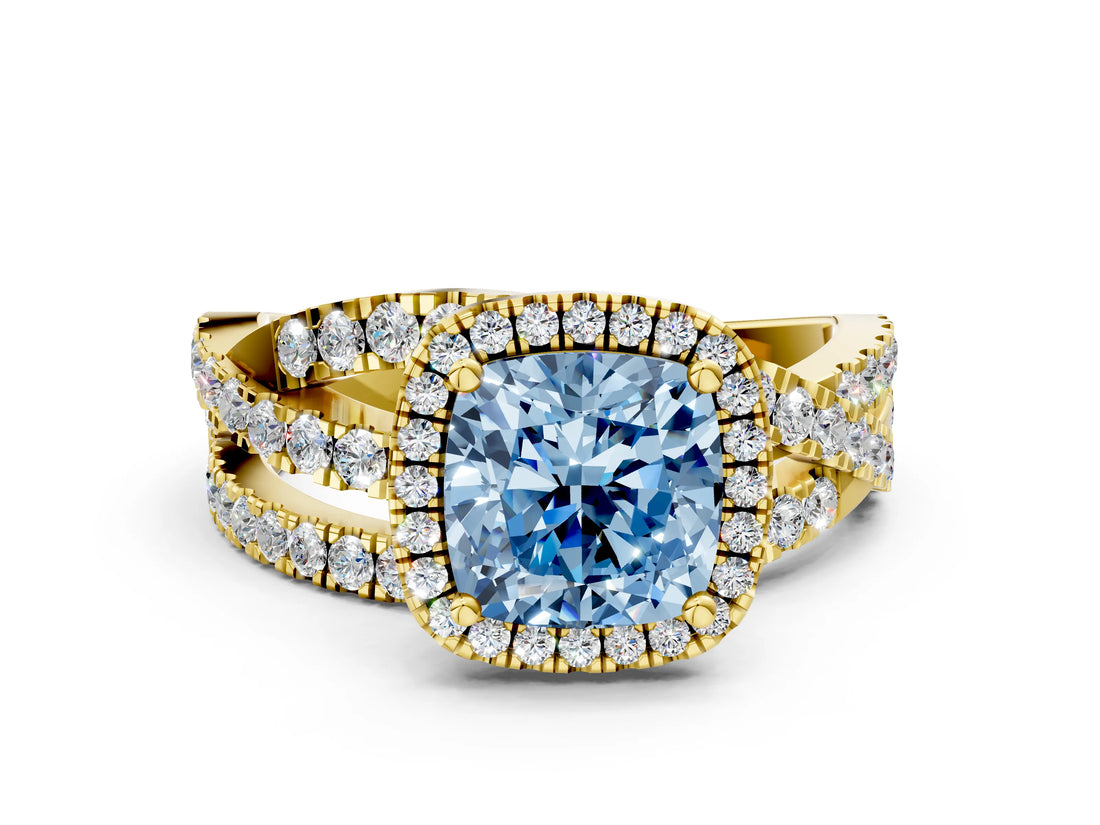 Yellow gold Fancy Blue Cushion Cut Diamond Halo Ring with Round Split Shank and Prong Setting_37