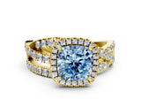 Yellow gold Fancy Blue Cushion Cut Diamond Halo Ring with Round Split Shank and Prong Setting_37