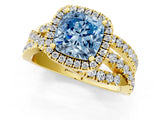 Yellow gold Fancy Blue Cushion Cut Diamond Halo Ring with Round Split Shank and Prong Setting_38