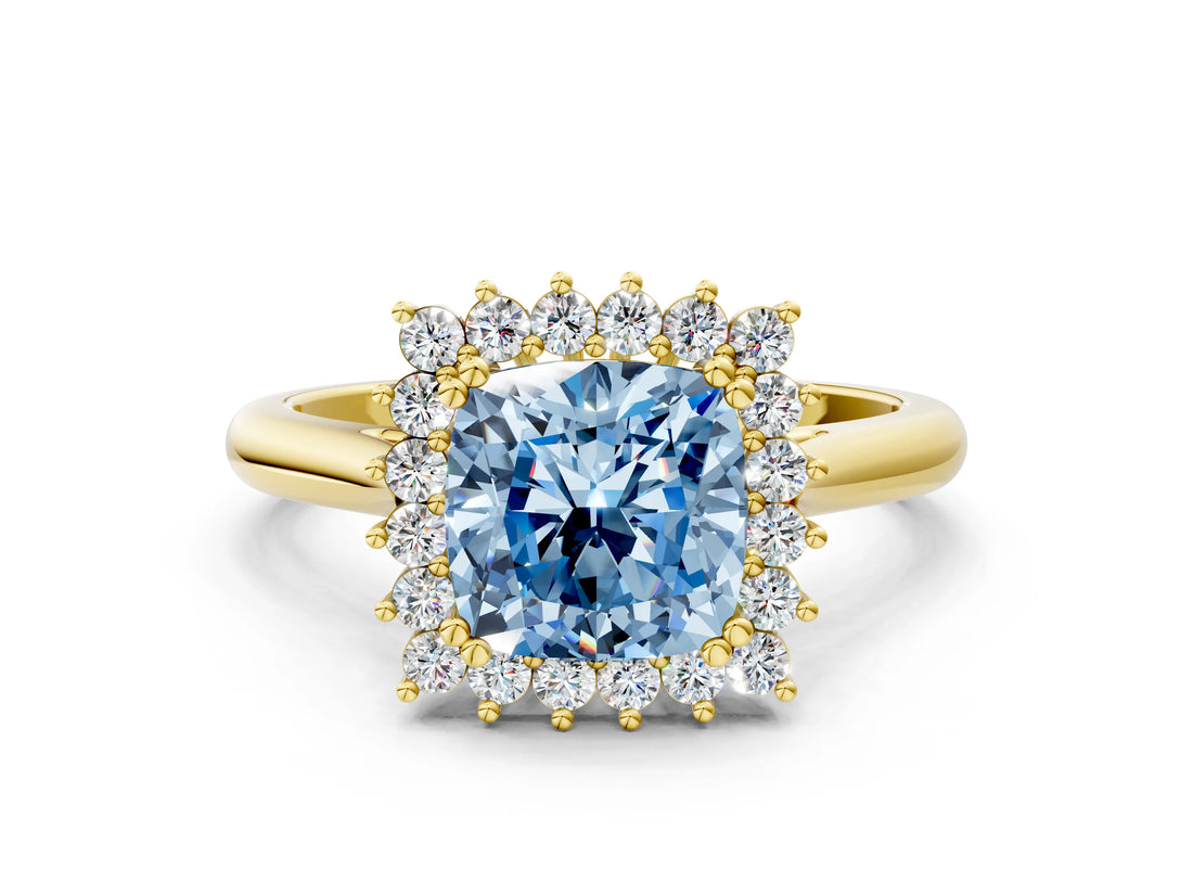 Yellow gold Fancy Blue Cushion  Cut Diamond Halo Ring with Solitaire Band and Prong Setting_53