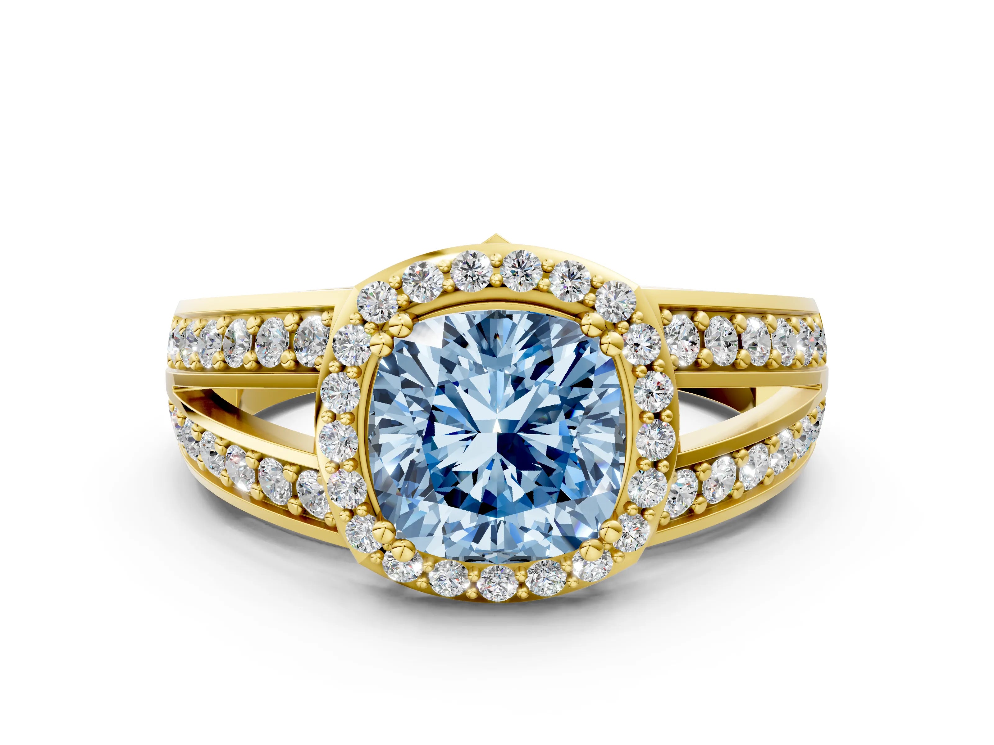 Yellow gold Fancy Blue Cushion Cut Diamond Halo Ring with Split Shank Pavé Band and Four-Prong Setting