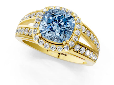 Yellow gold Fancy Blue Cushion Cut Diamond Halo Ring with Split Shank Pavé Band and Four-Prong Setting_1