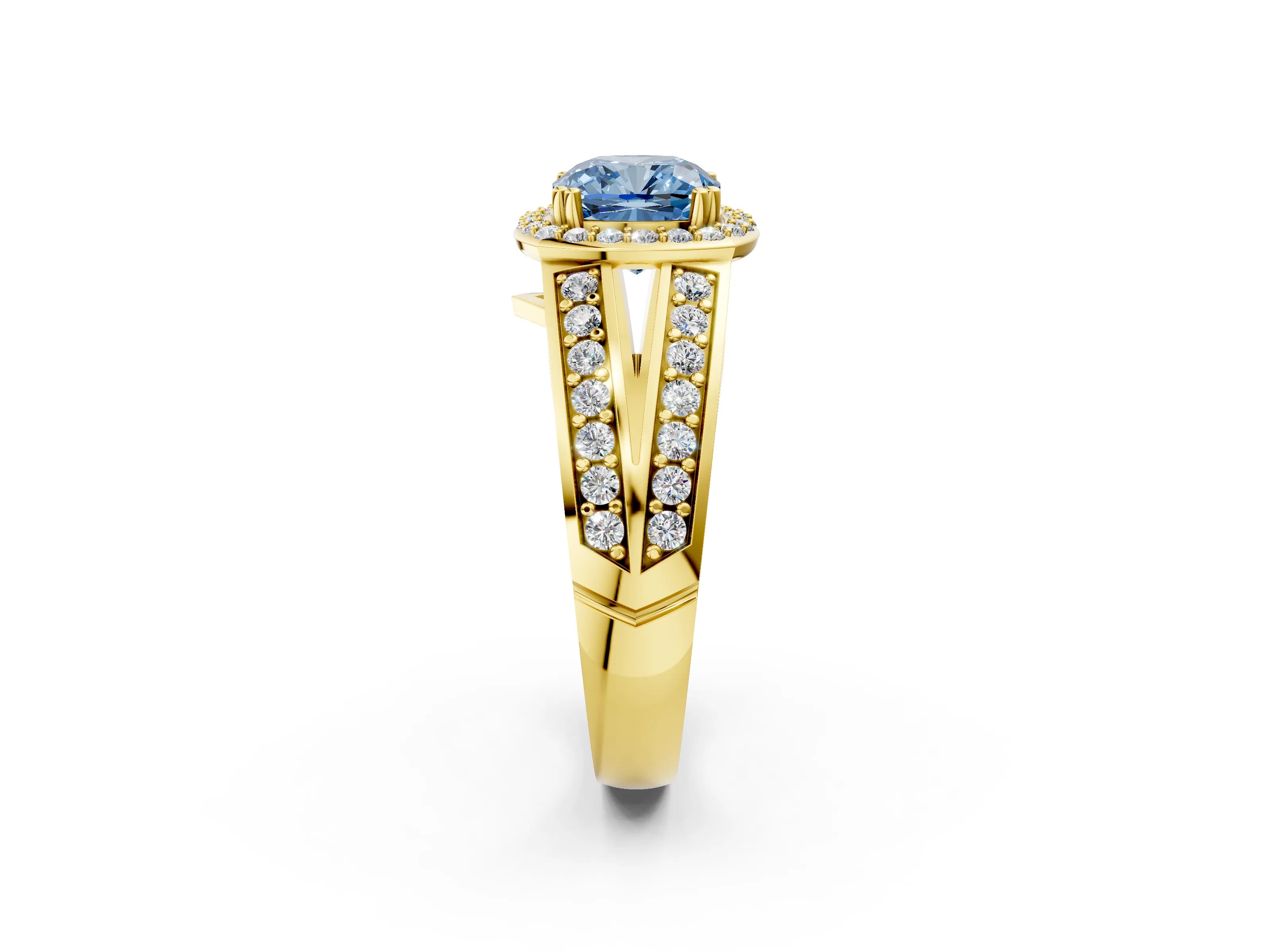 Yellow gold Fancy Blue Cushion Cut Diamond Halo Ring with Split Shank Pavé Band and Four-Prong Setting_2