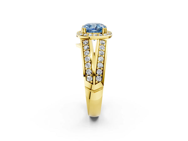 Yellow gold Fancy Blue Cushion Cut Diamond Halo Ring with Split Shank Pavé Band and Four-Prong Setting