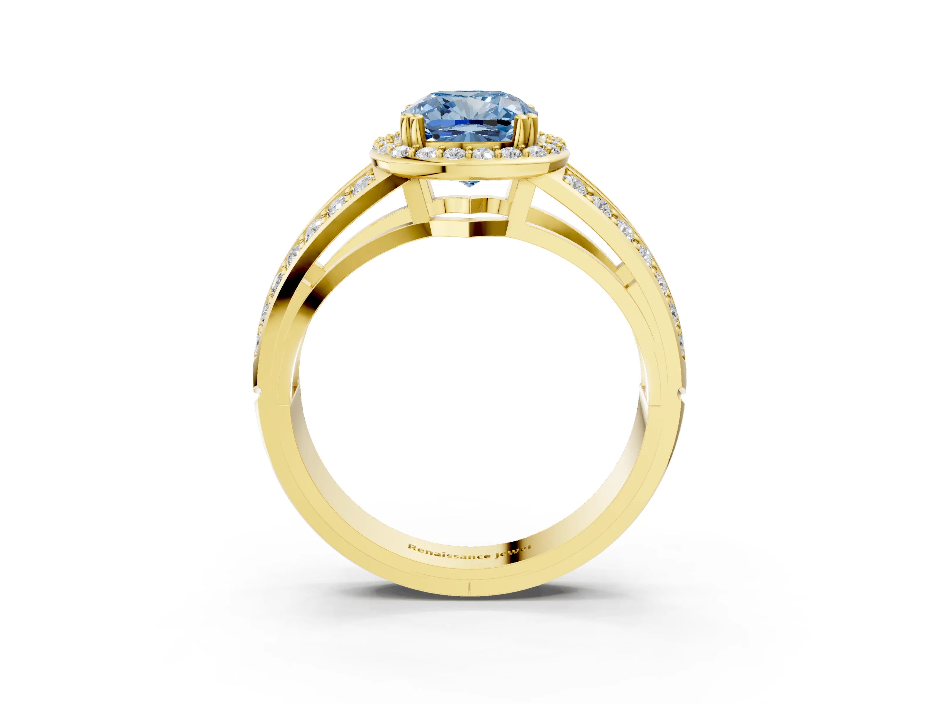 Yellow gold Fancy Blue Cushion Cut Diamond Halo Ring with Split Shank Pavé Band and Four-Prong Setting_3