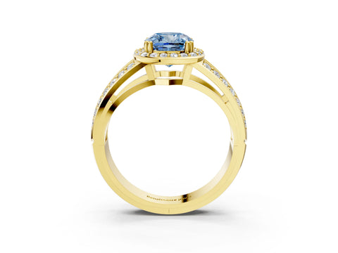 Yellow gold Fancy Blue Cushion Cut Diamond Halo Ring with Split Shank Pavé Band and Four-Prong Setting_3