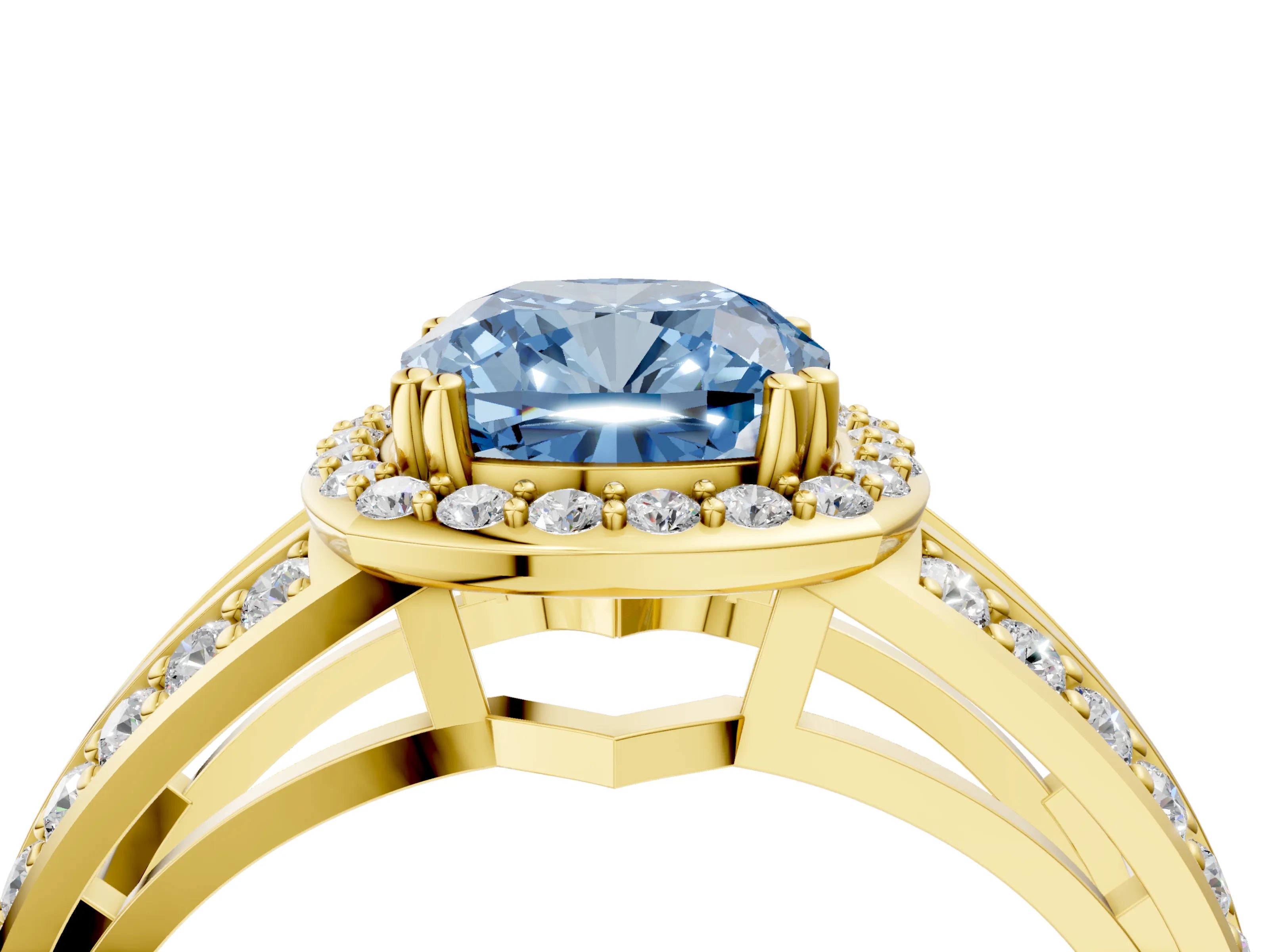 Yellow gold Fancy Blue Cushion Cut Diamond Halo Ring with Split Shank Pavé Band and Four-Prong Setting_4