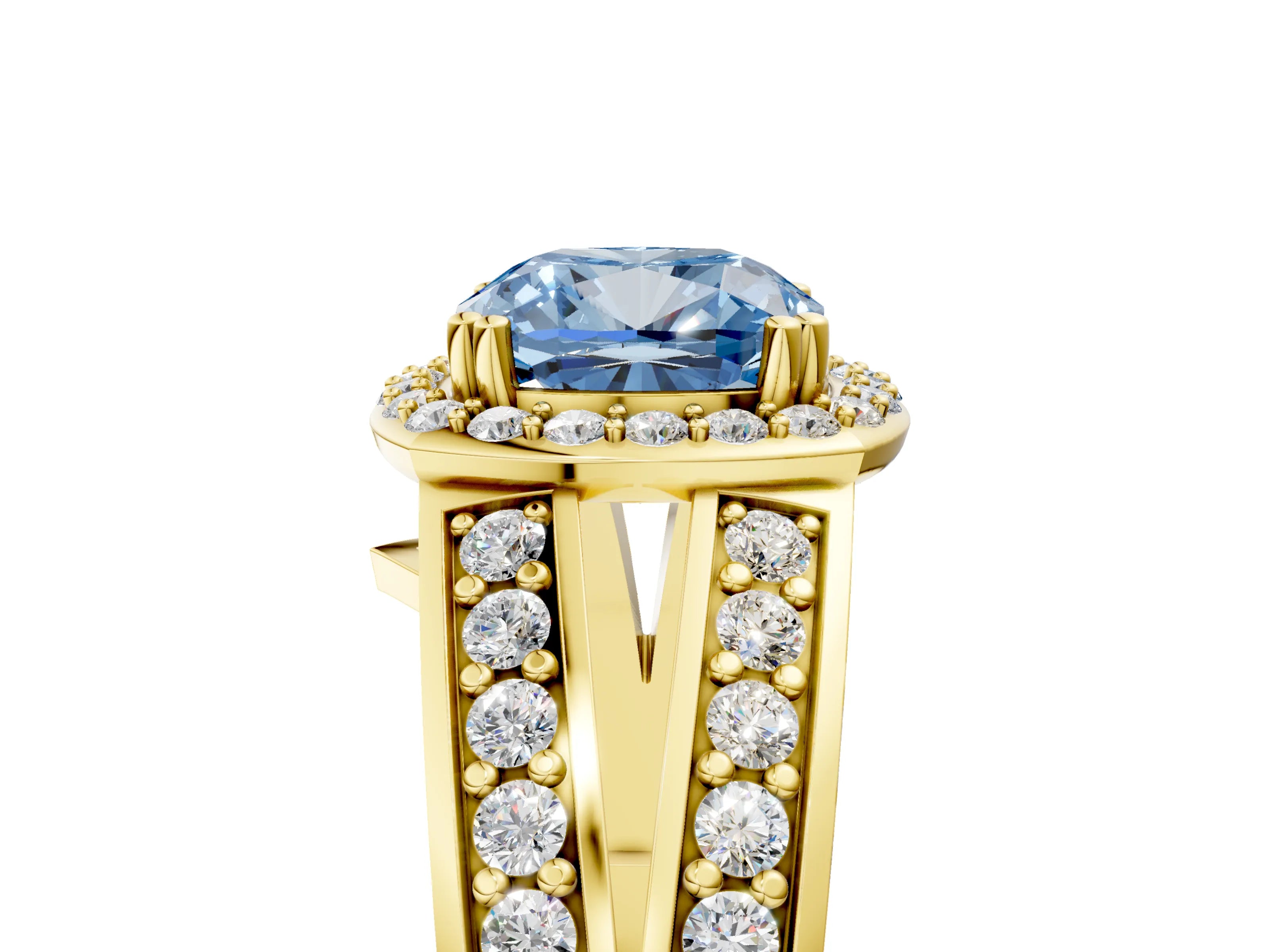 Yellow gold Fancy Blue Cushion Cut Diamond Halo Ring with Split Shank Pavé Band and Four-Prong Setting_5