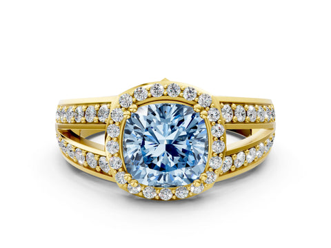Yellow gold Fancy Blue Cushion Cut Diamond Halo Ring with Split Shank Pavé Band and Four-Prong Setting
