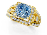 Yellow gold Fancy Blue Cushion Cut Diamond Halo Ring with Split Shank and Bezel Accents and Four-Prong Setting_1