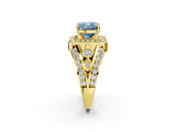 Yellow gold Fancy Blue Cushion Cut Diamond Halo Ring with Split Shank and Bezel Accents and Four-Prong Setting_2