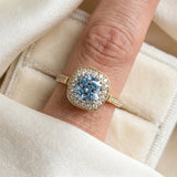 Yellow gold Fancy Blue Cushion Cut Diamond Halo Ring with Split Shank and Four-Prong Setting_97